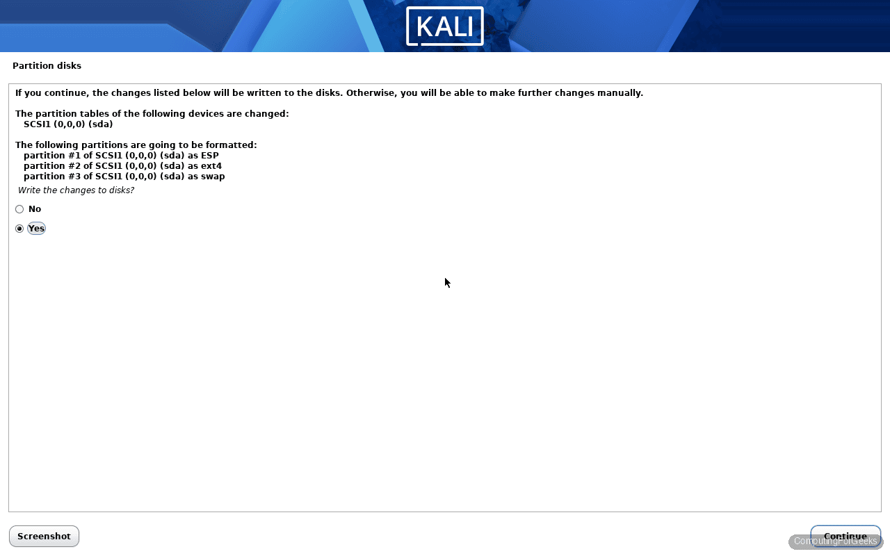 Kali Linux 2026.1 installer confirm write partition changes to disk