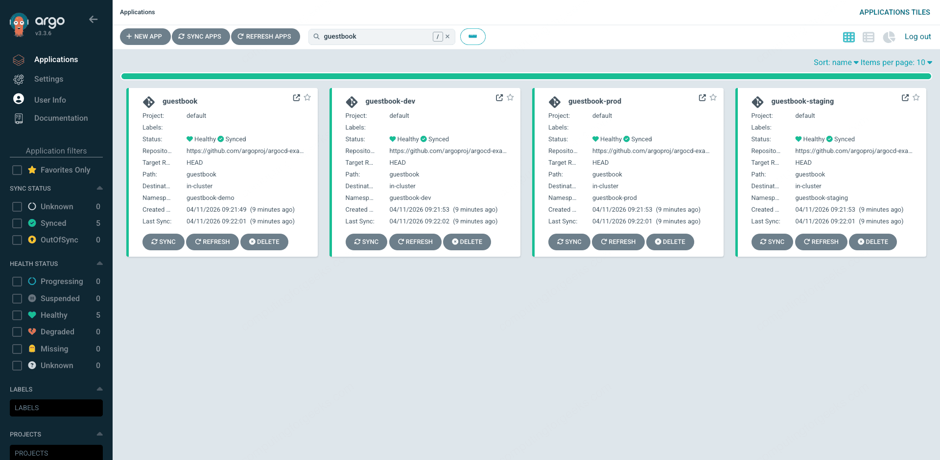 ArgoCD Applications view filtered to show guestbook plus the three ApplicationSet-generated environments