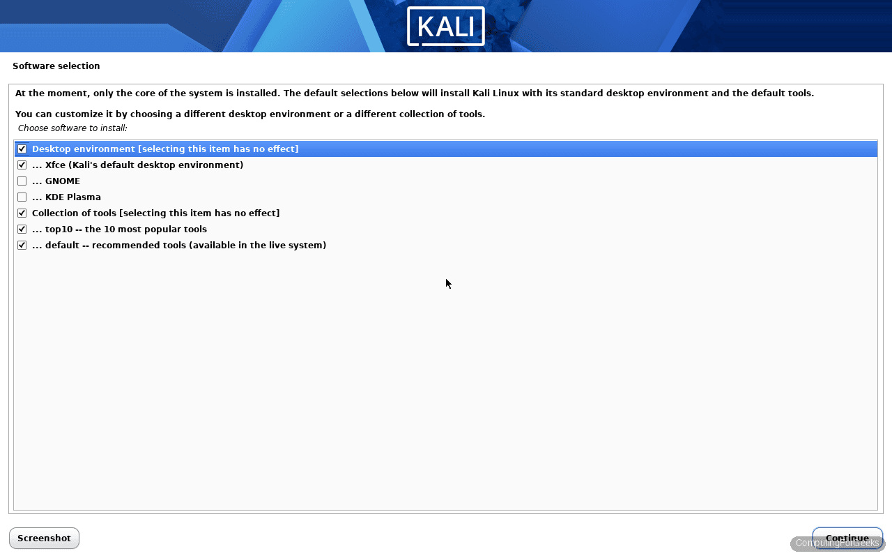 Kali Linux 2026.1 installer software selection Xfce desktop and default tools