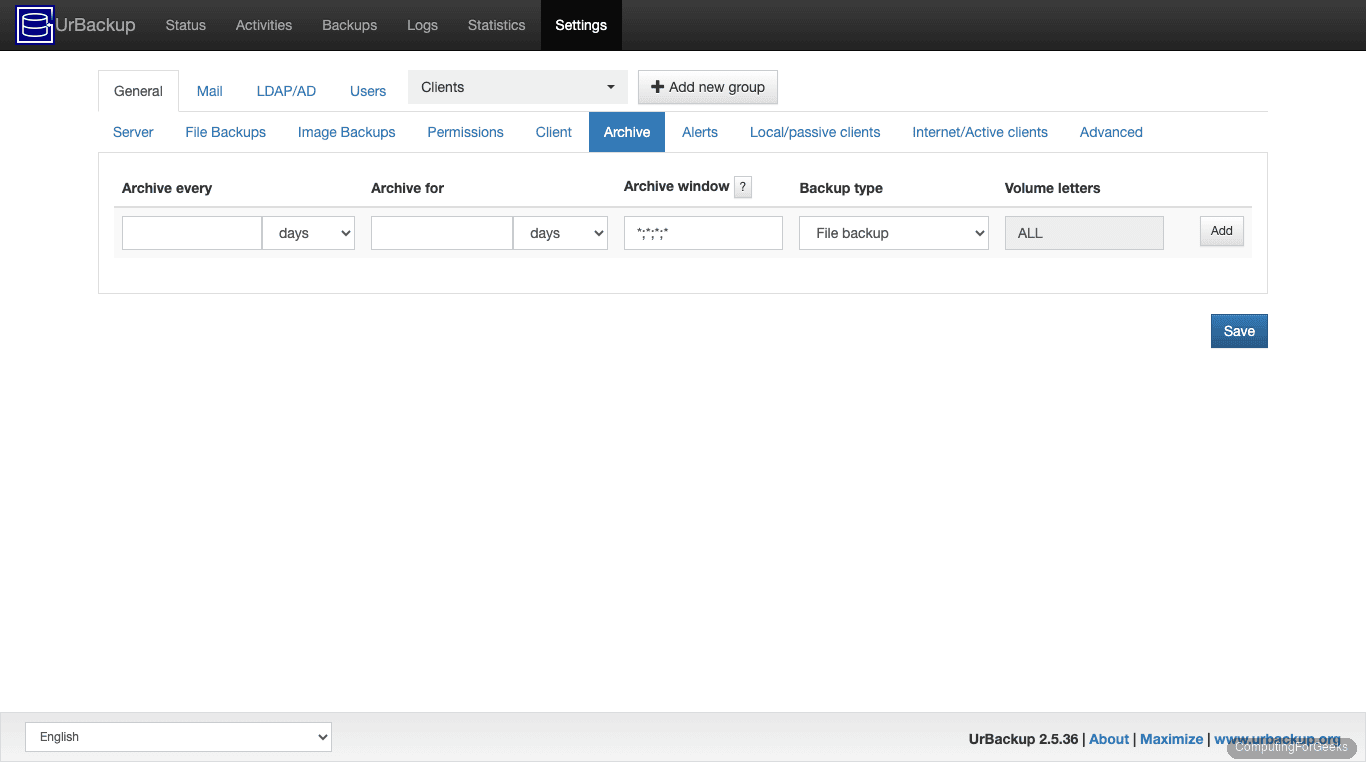 UrBackup archive settings for configuring long-term backup retention policies