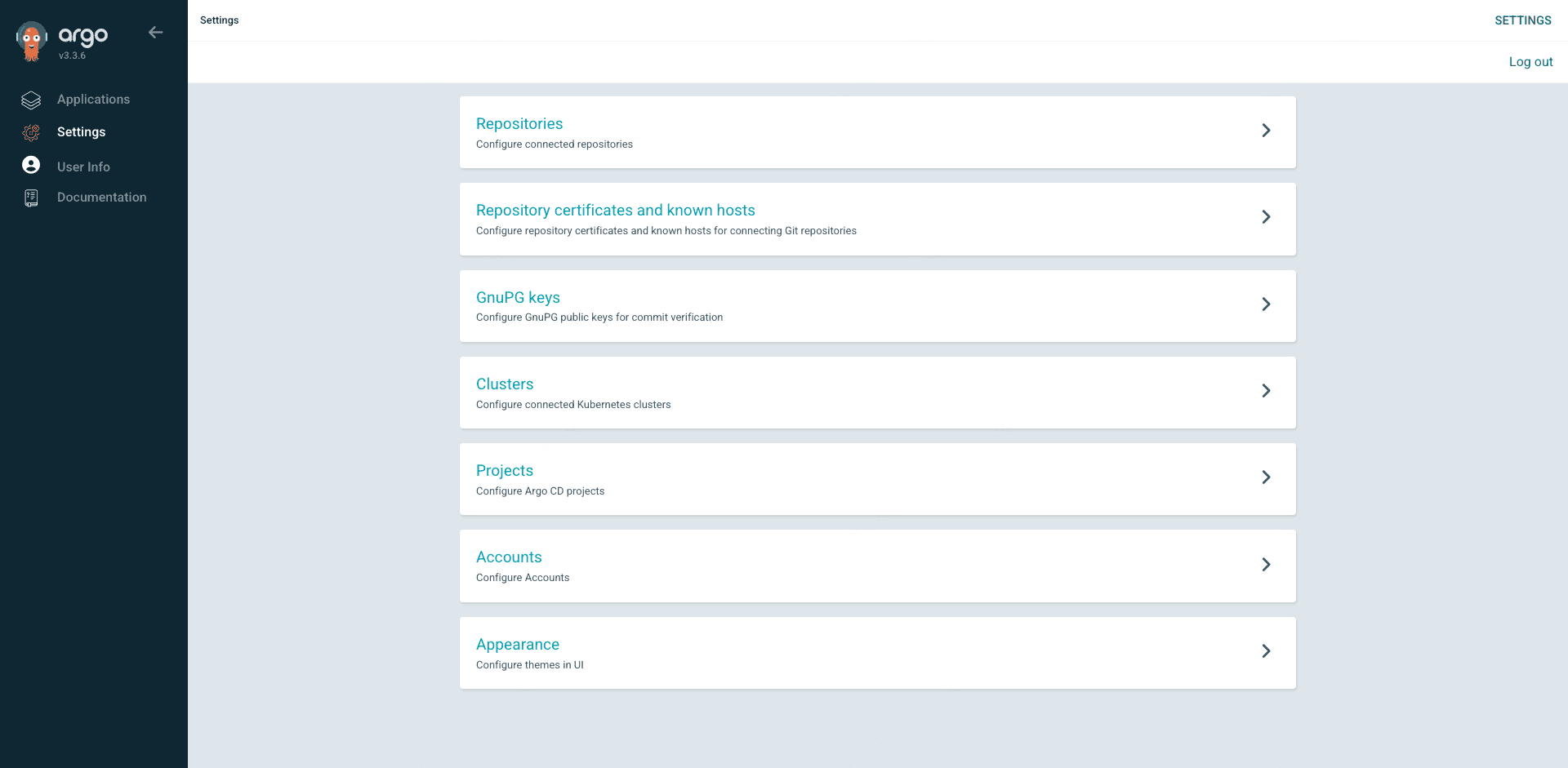 ArgoCD Settings home page with Repositories, Clusters, Projects, and Accounts cards