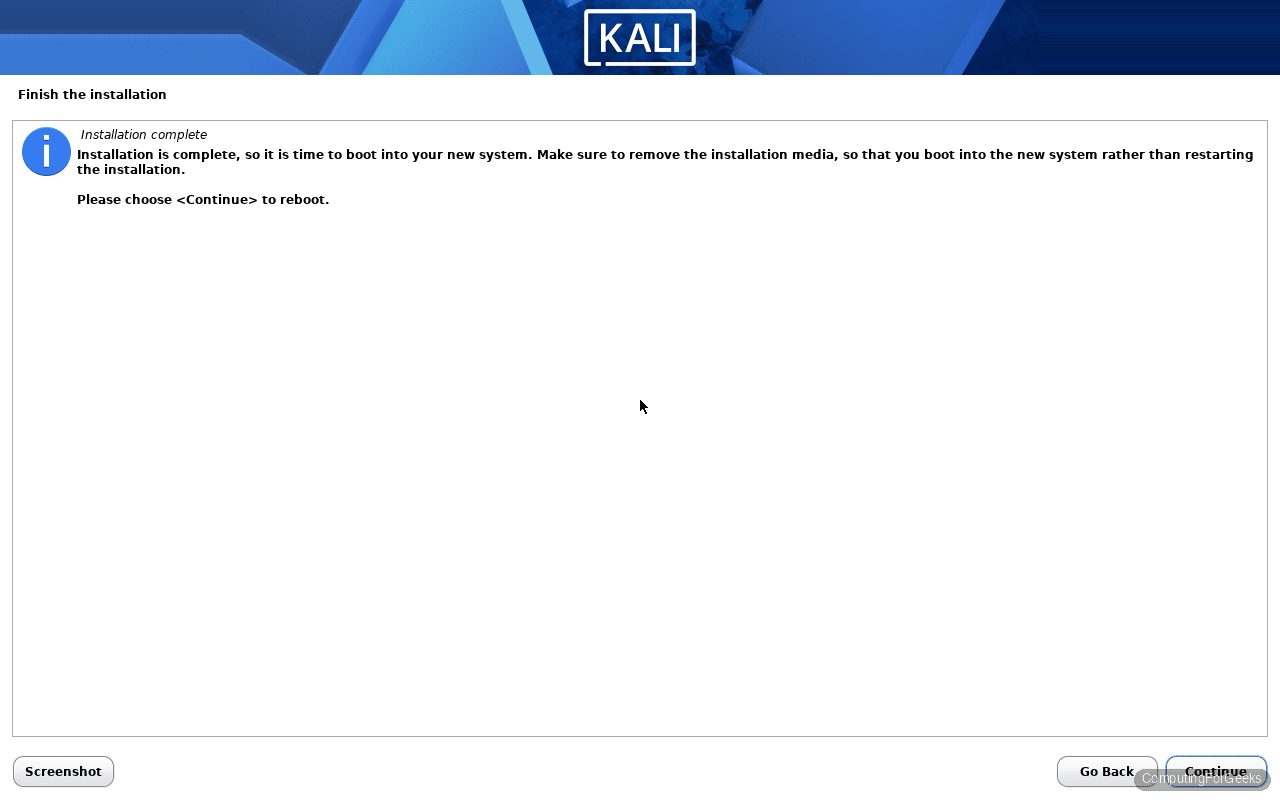 Kali Linux 2026.1 installer finish installation complete reboot prompt