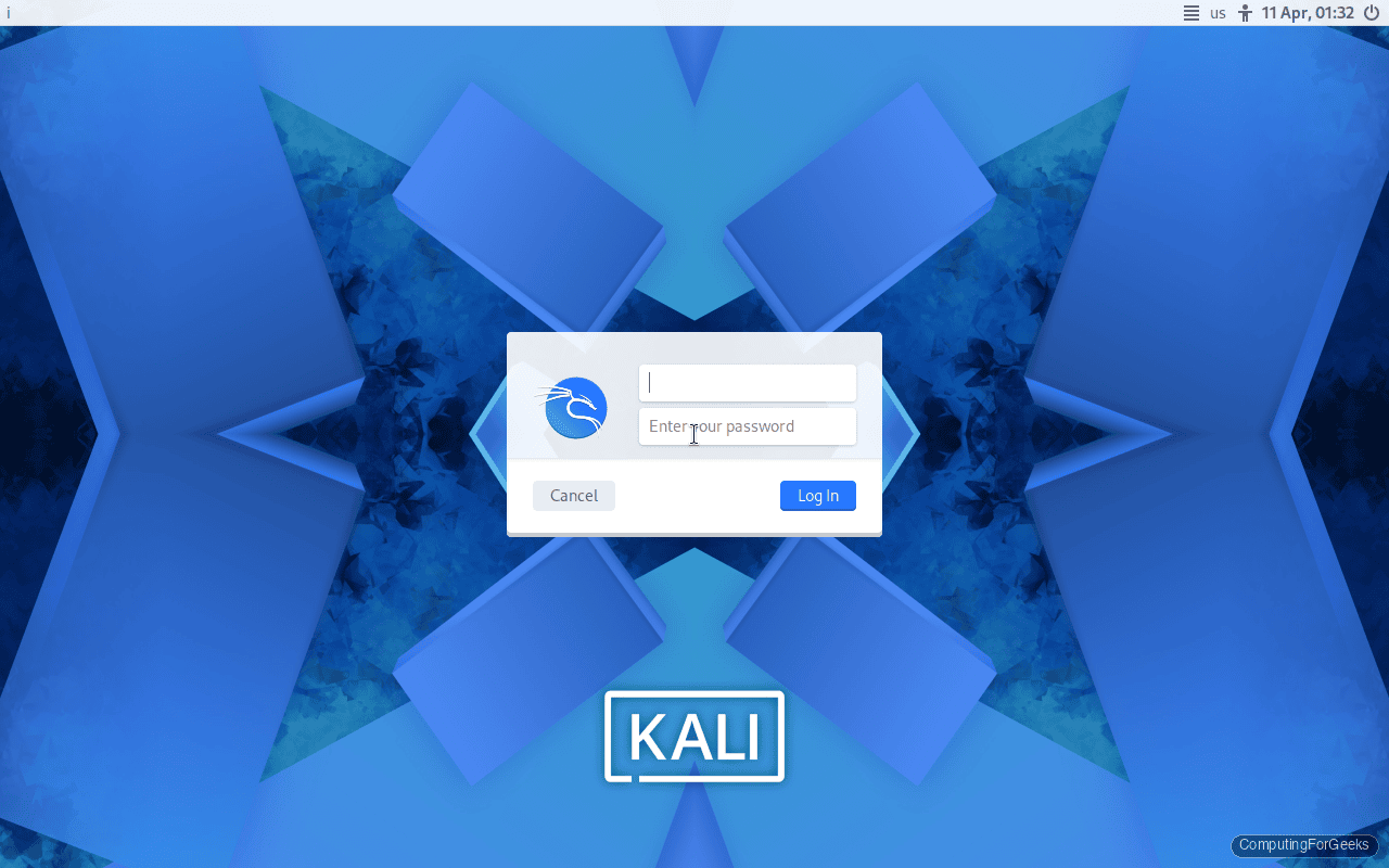 Kali Linux 2026.1 LightDM login screen with 2026 theme wallpaper