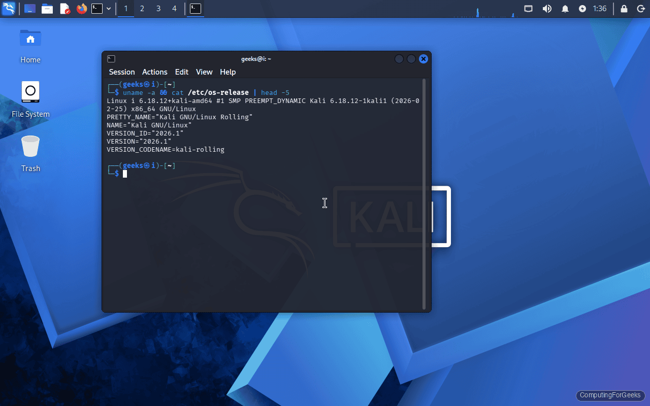 Kali Linux 2026.1 terminal output uname -a showing kernel 6.18.12-1kali1
