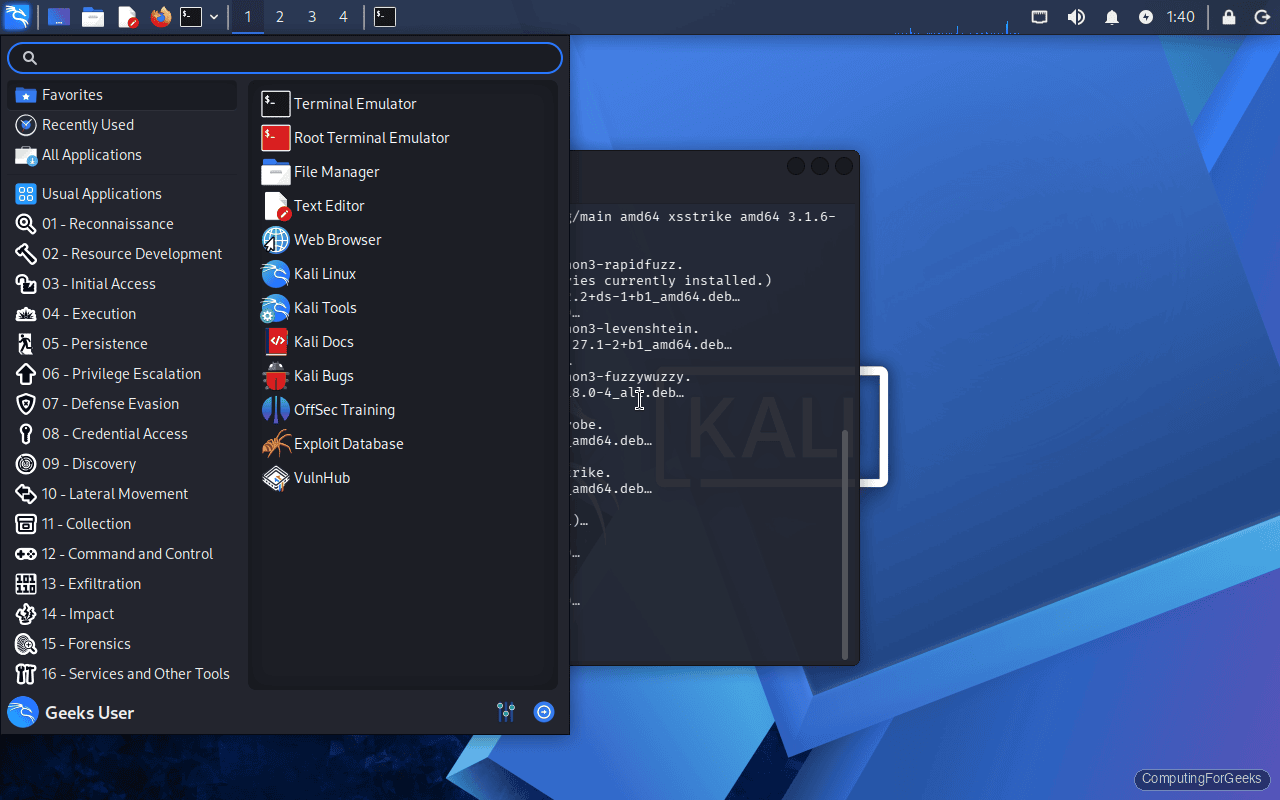 Kali Linux 2026.1 Whisker menu showing tool categories by attack phase