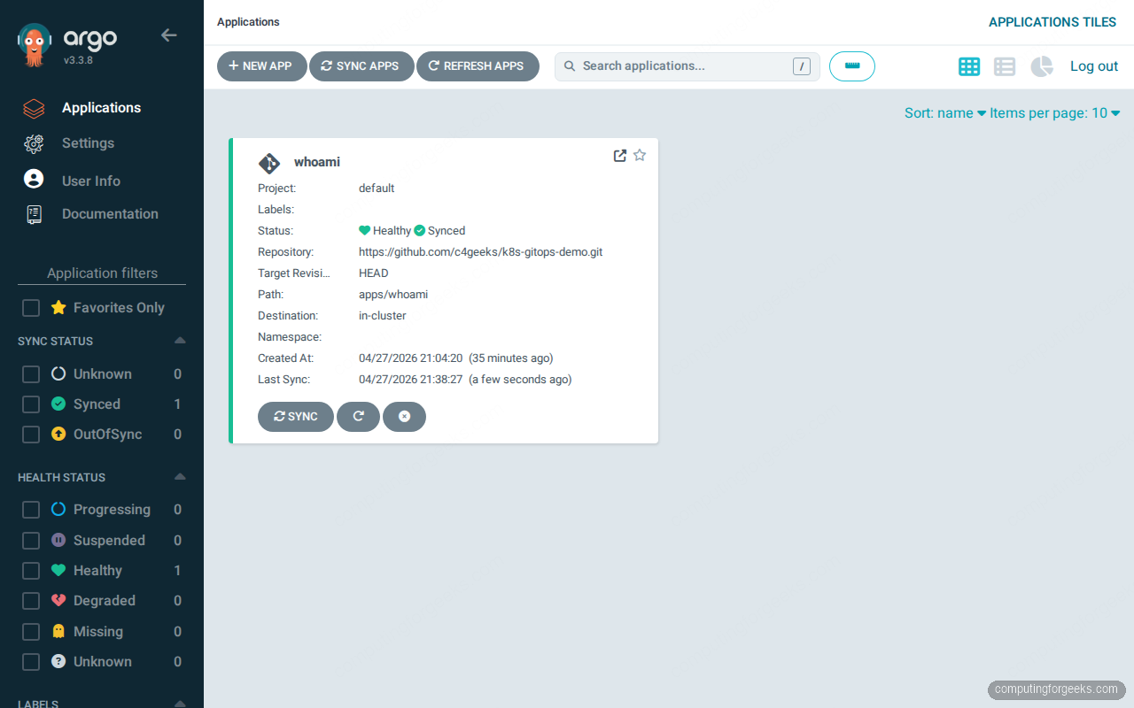 ArgoCD Applications dashboard showing the whoami app Healthy and Synced
