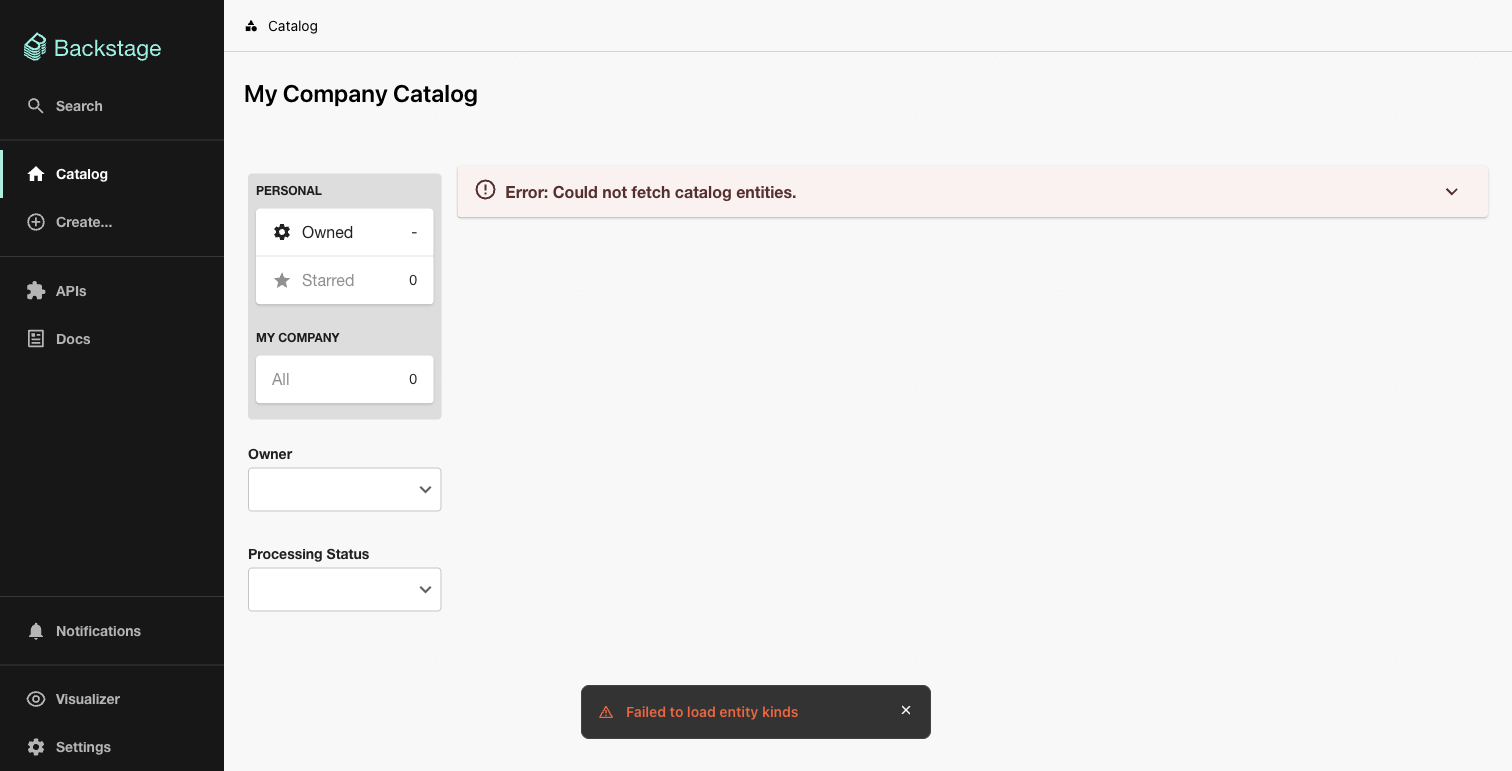 Install Backstage Developer Portal on Rocky Linux & Ubuntu 2 Backstage Software Catalog page showing My Company Catalog with sidebar navigation including Catalog, Search, Create, APIs, Docs, Notifications, Visualizer, and Settings