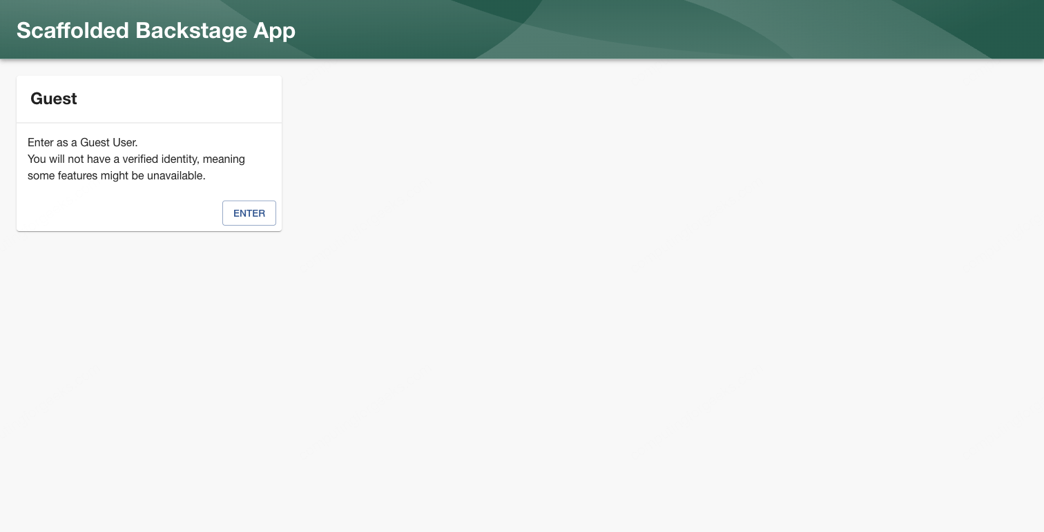 Install Backstage Developer Portal on Rocky Linux & Ubuntu 1 Backstage Developer Portal sign-in page showing Scaffolded Backstage App with Guest entry card on Rocky Linux 10