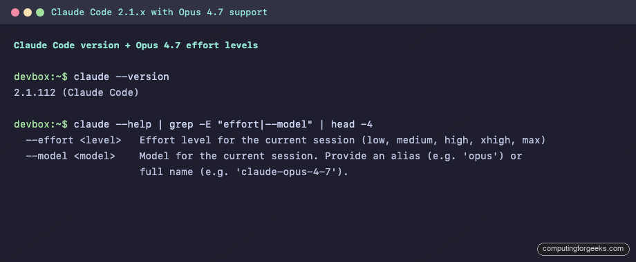 Claude Code version check and Opus 4.7 effort levels in terminal