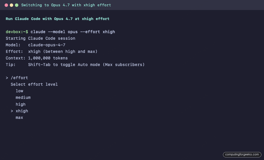 Claude Code switch to claude-opus-4-7 with xhigh effort level picker