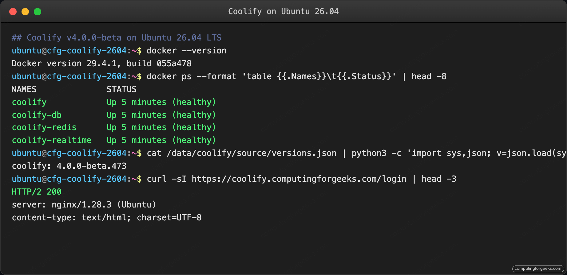 Coolify docker compose ps and version on Ubuntu 26.04