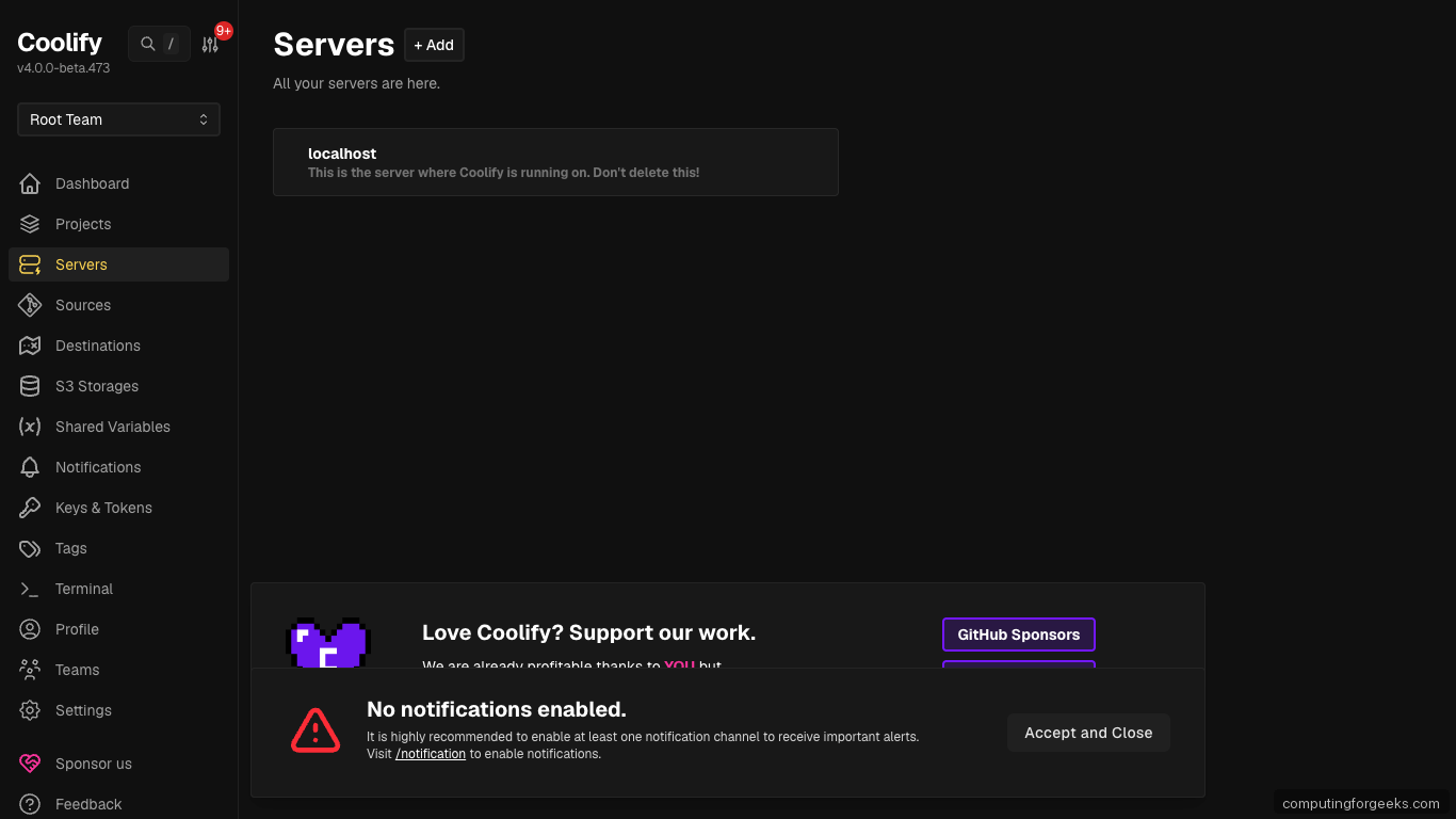 Coolify Servers List on Ubuntu 26.04