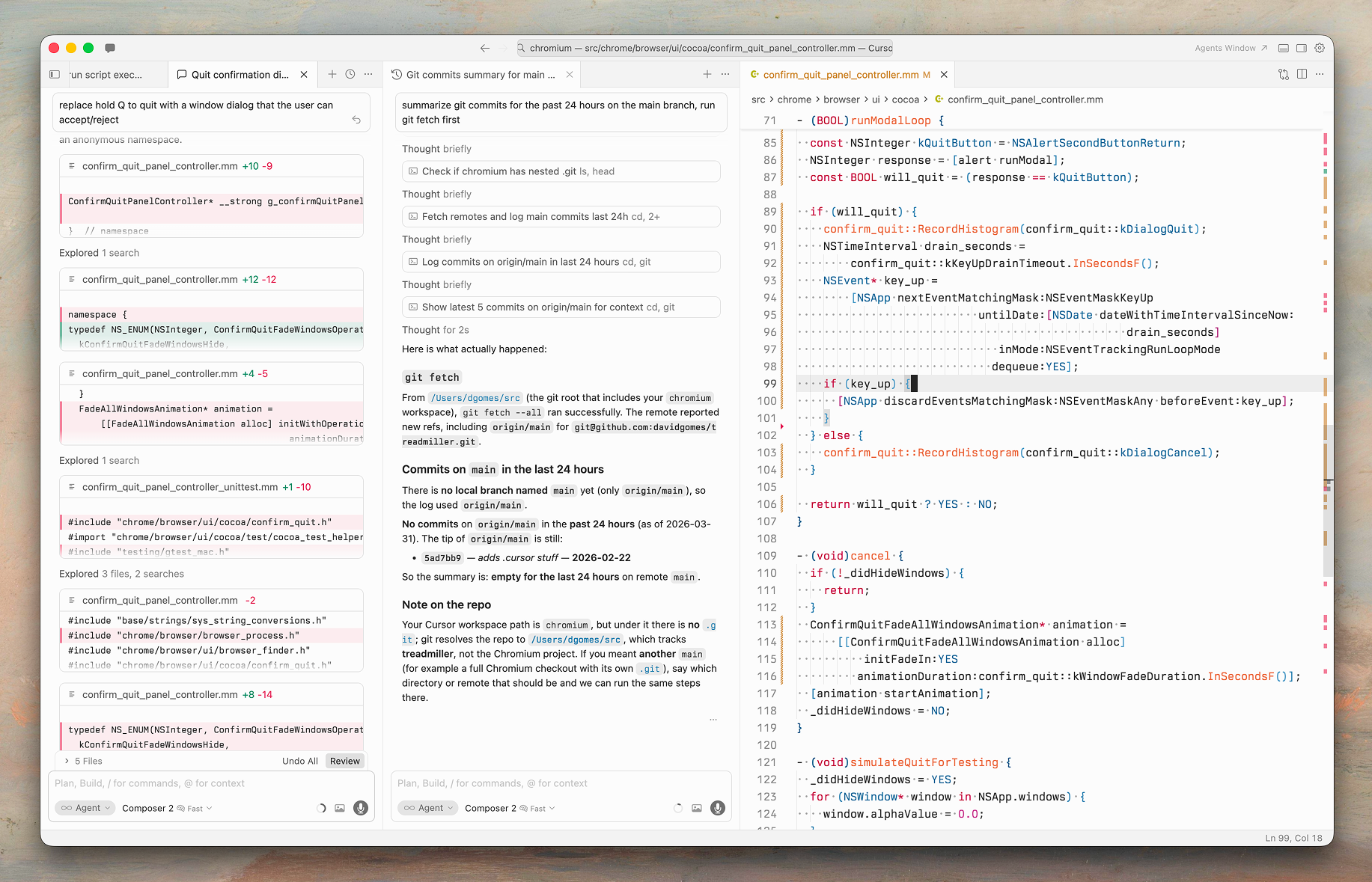 Cursor IDE showing multiple agent tabs with code editing and git analysis
