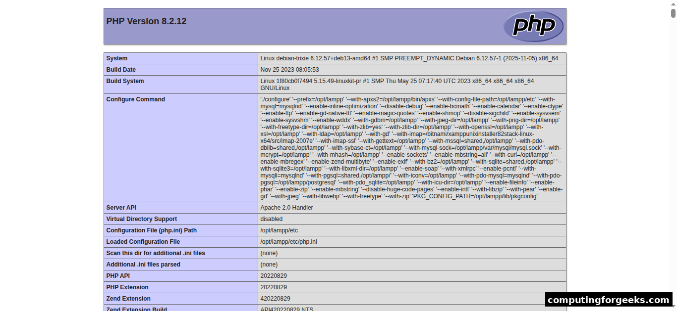 PHP Info on XAMPP Debian 13