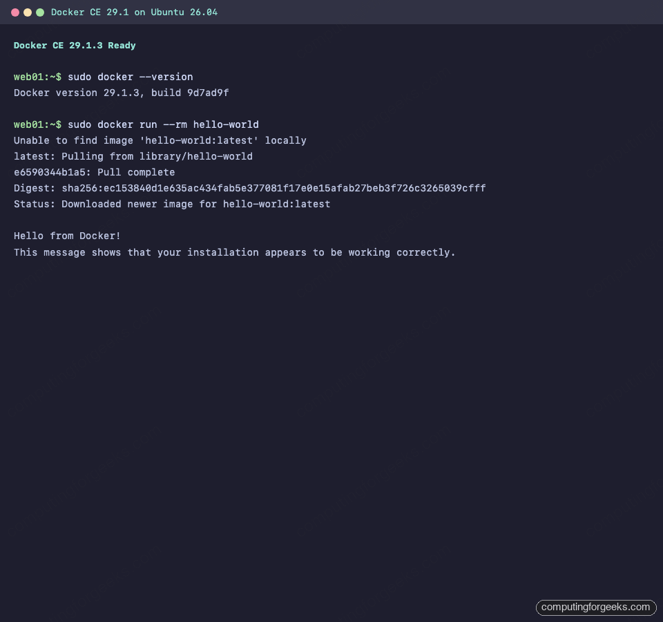 Ubuntu 26.04 Server Docker CE hello-world