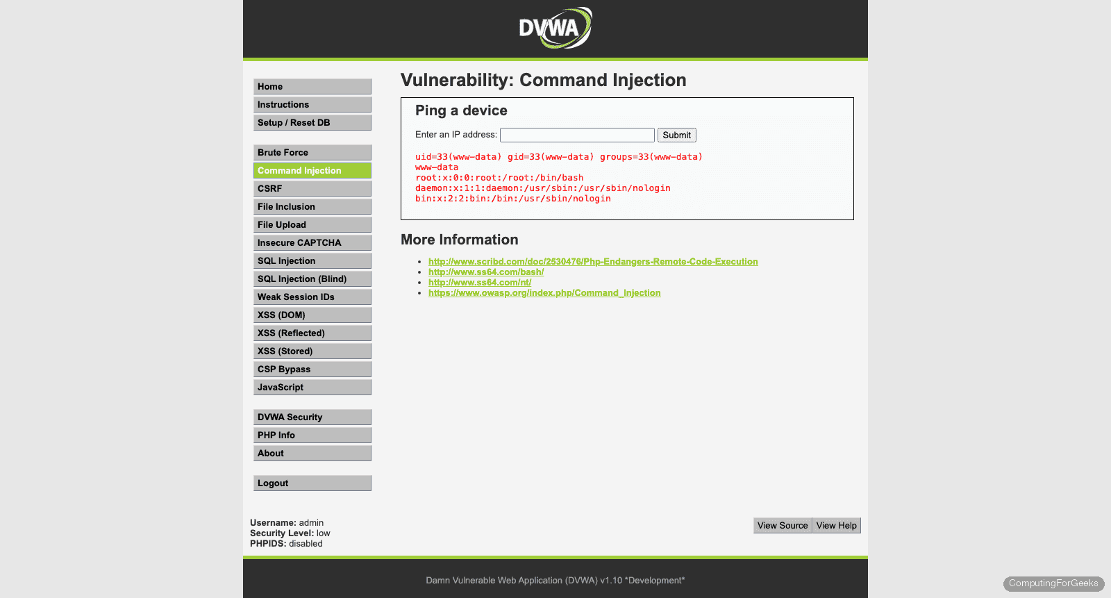 DVWA command injection showing uid www-data output