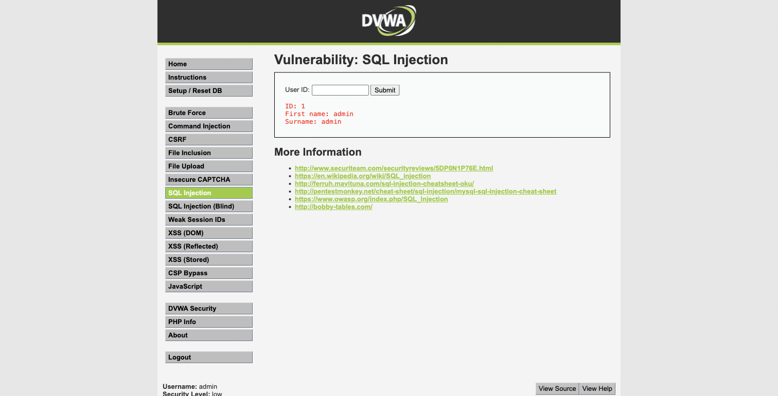 SQL Injection: Manual and Automated Testing with sqlmap on Kali 2 DVWA SQL Injection normal query result showing admin user details