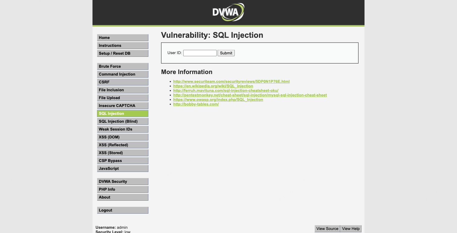 SQL Injection: Manual and Automated Testing with sqlmap on Kali 1 DVWA SQL Injection page with empty User ID form field