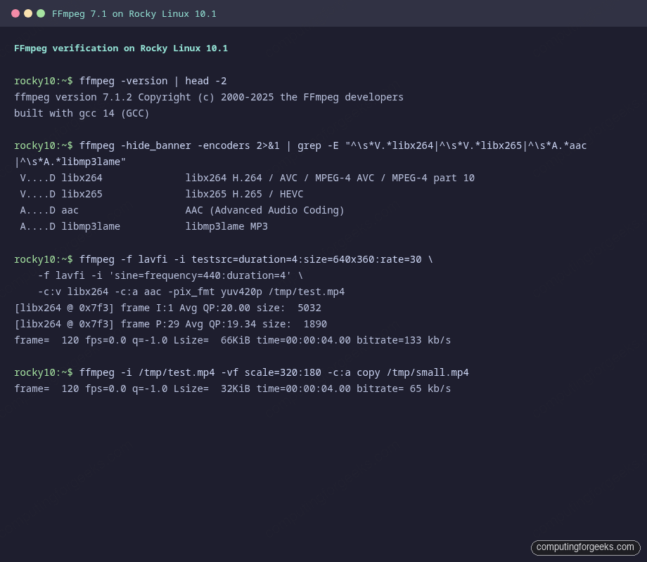 FFmpeg 7.1 version check and transcode output on Rocky Linux 10.1