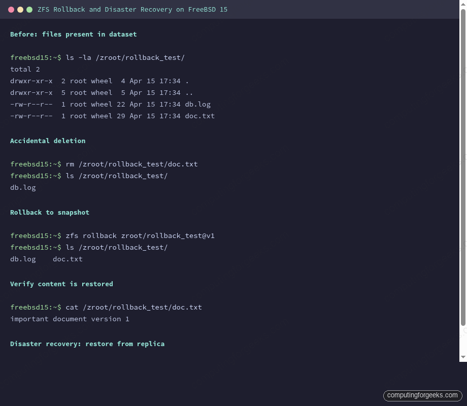 ZFS rollback before and after on FreeBSD 15 with disaster recovery