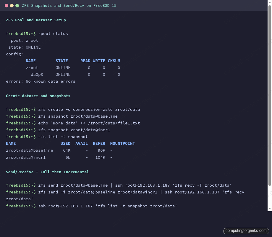 ZFS snapshots list and send/recv output on FreeBSD 15