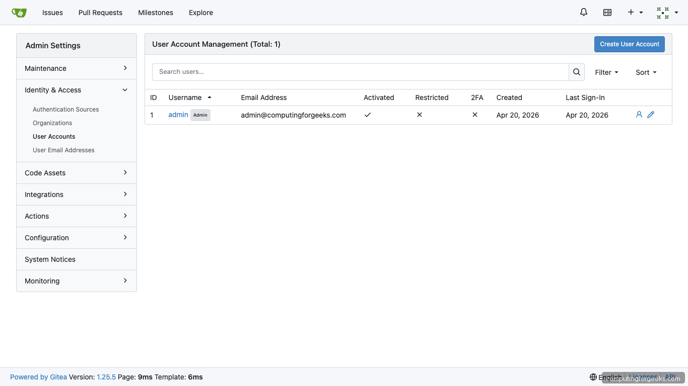 Gitea Admin User Management on Ubuntu 26.04