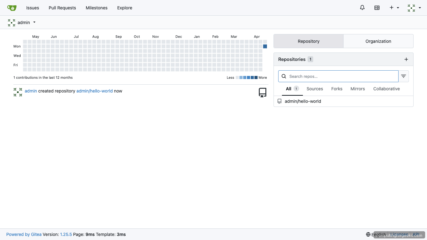 Gitea Dashboard After First Login on Ubuntu 26.04