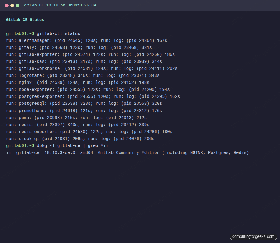 Install GitLab CE on Ubuntu 26.04 LTS 1 GitLab CE 18.10 status output on Ubuntu 26.04 showing all services running