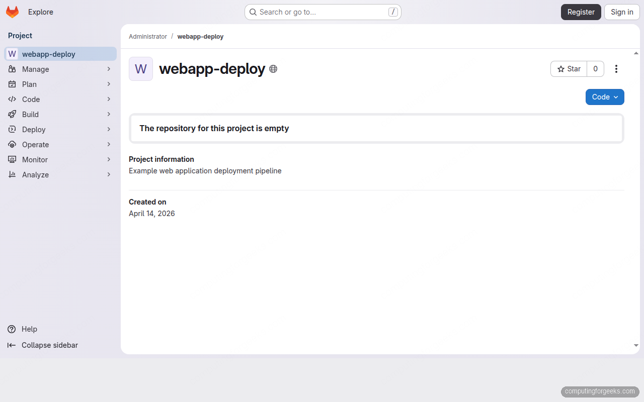 Install GitLab CE on Ubuntu 26.04 LTS 3 GitLab CE project page showing webapp-deploy repository on Ubuntu 26.04