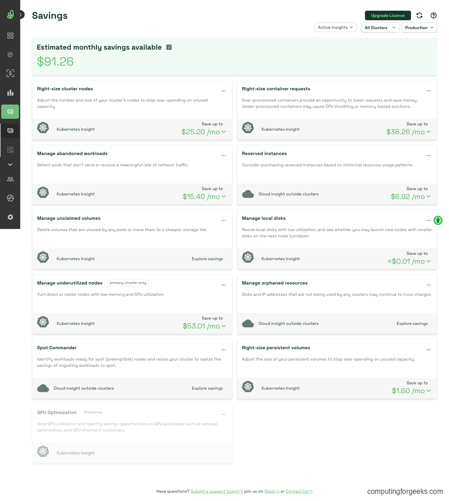 Kubecost on EKS and GKE: Kubernetes Cost Visibility, Right-Sizing, and Optimization 5 Kubecost Savings page on GKE showing $91.26 estimated monthly savings with recommendations for container right-sizing and underutilized node management