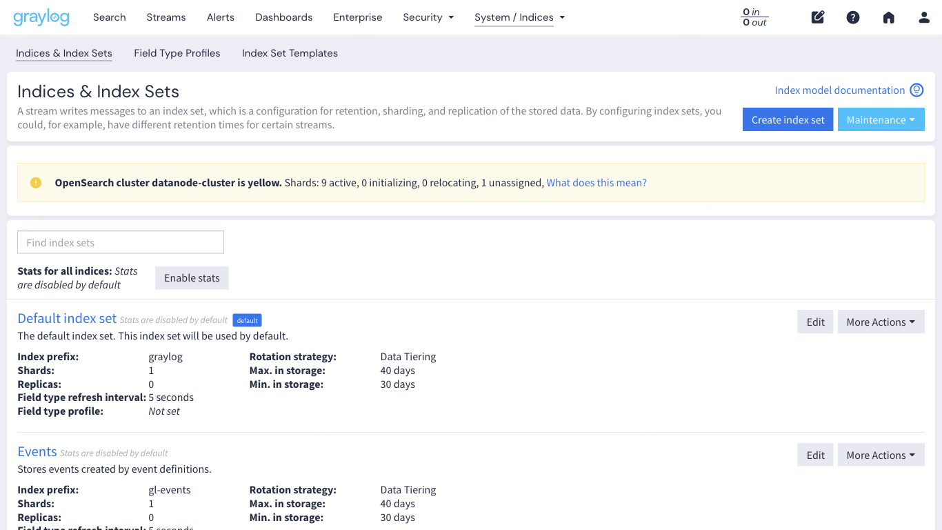 Graylog 7 Indices and Index Sets page showing default index set with rotation and retention settings