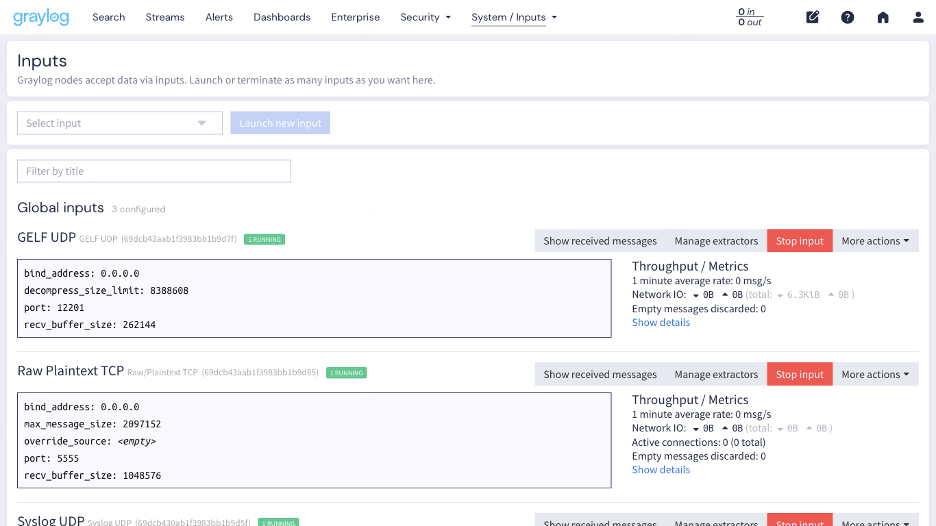 Graylog 7 Inputs page showing three running inputs with Syslog UDP, GELF UDP, and Beats