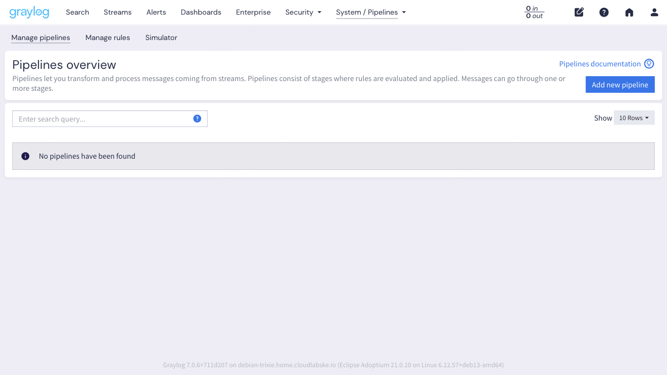 Graylog 7 Pipelines overview page showing pipeline connections and processing stages