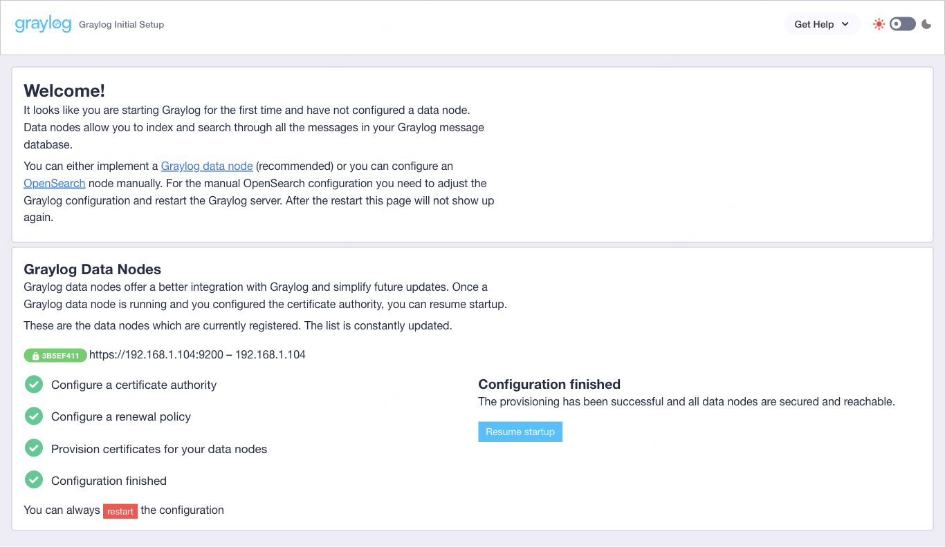 Graylog 7 preflight wizard completed with all green checkmarks for CA and data node certificates