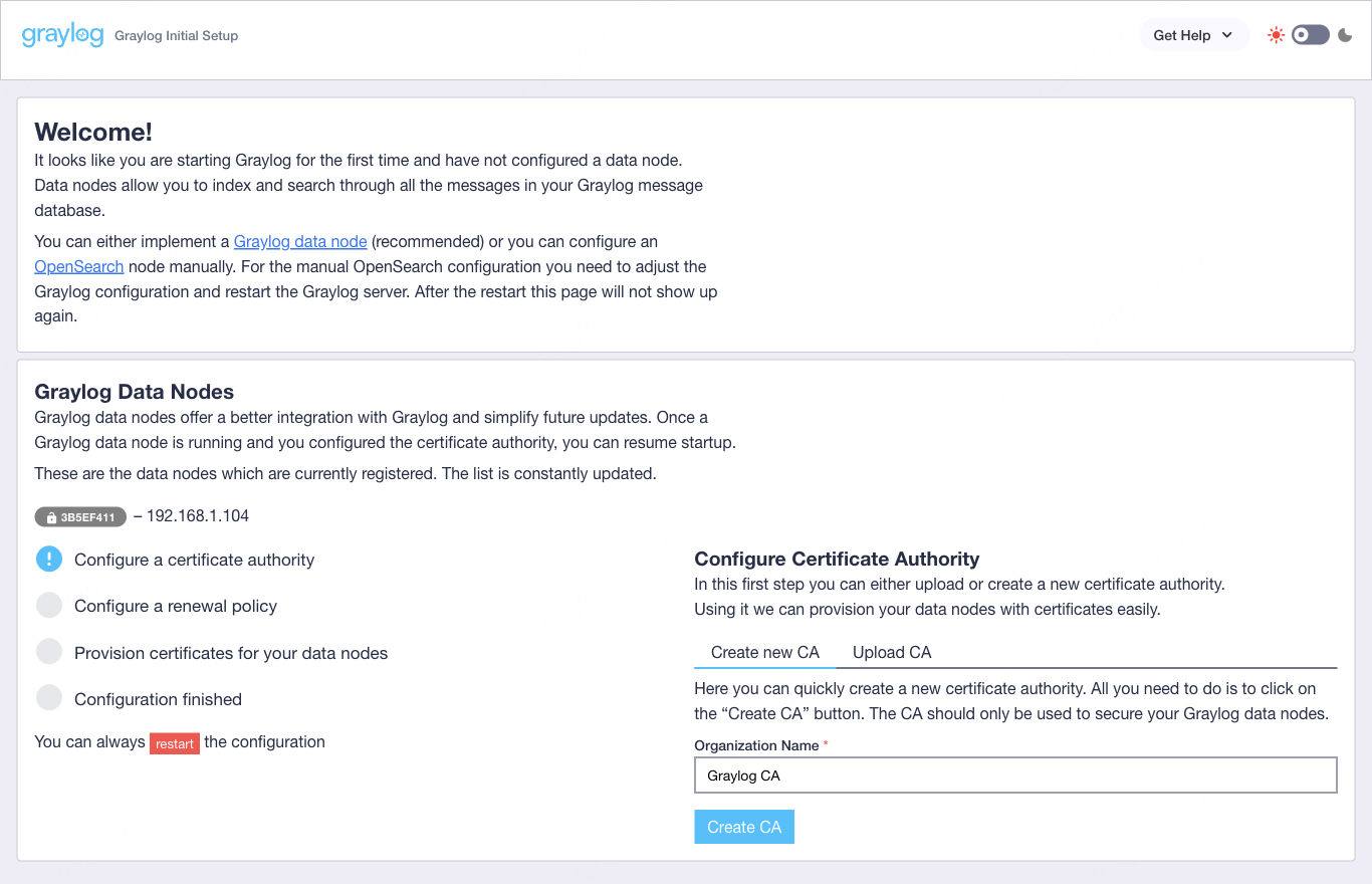 Graylog 7 preflight setup wizard welcome screen showing certificate authority configuration