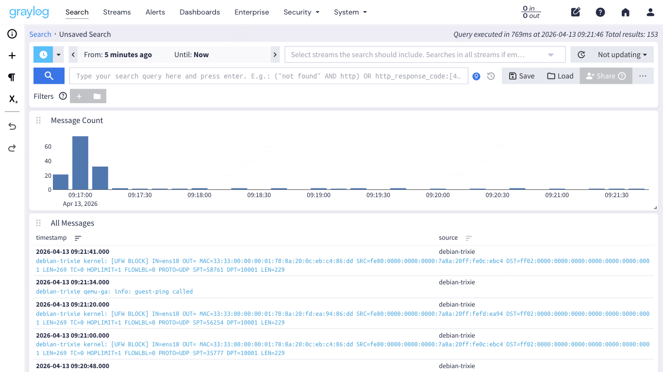 Graylog 7 search page with histogram showing log volume over time and message list with real log data