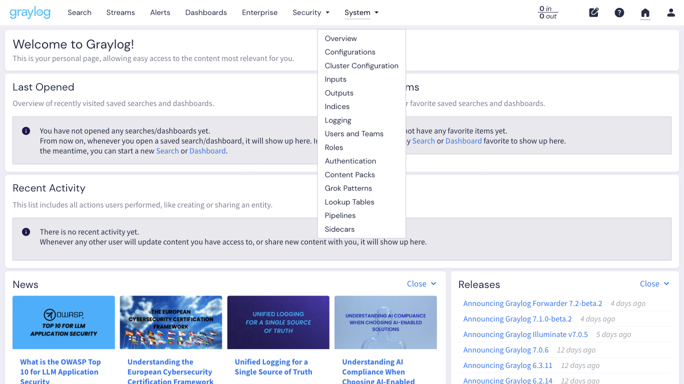 Graylog 7 System dropdown menu showing Inputs, Indices, Pipelines, Sidecars, and other admin options