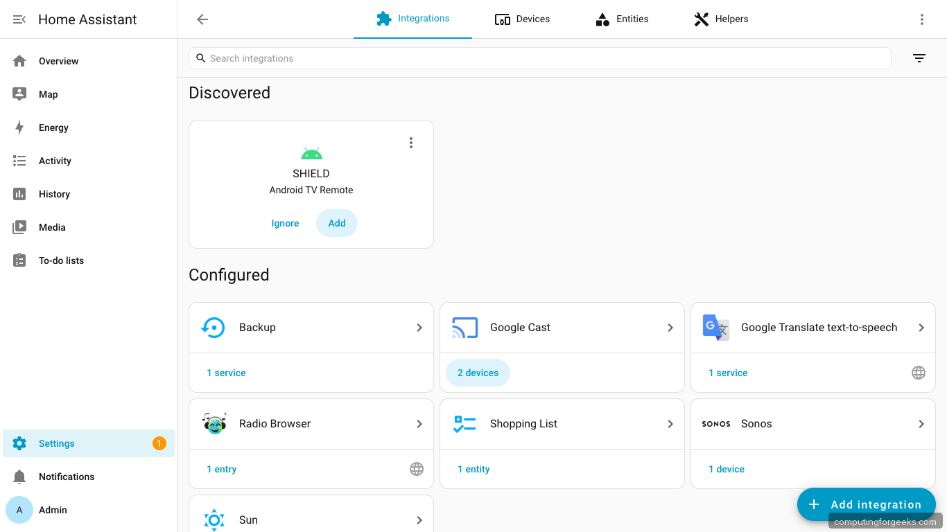 Home Assistant Integrations Dashboard on Ubuntu 26.04