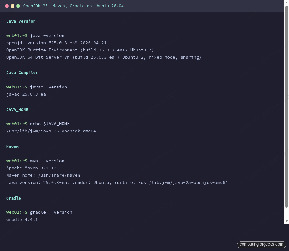 Java OpenJDK 25 version, Maven 3.9.12, and Gradle 4.4.1 on Ubuntu 26.04 LTS