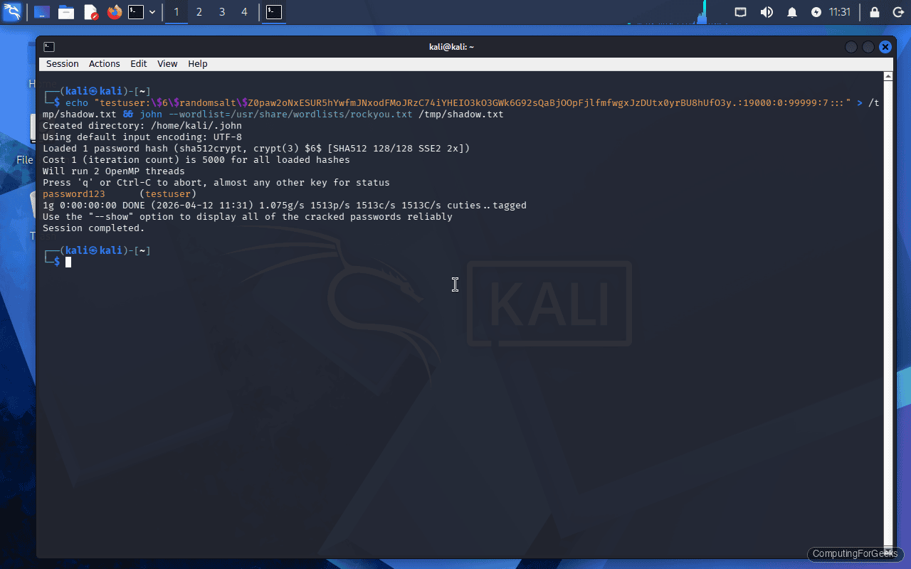 John the Ripper cracking SHA-512 shadow hash on Kali Linux