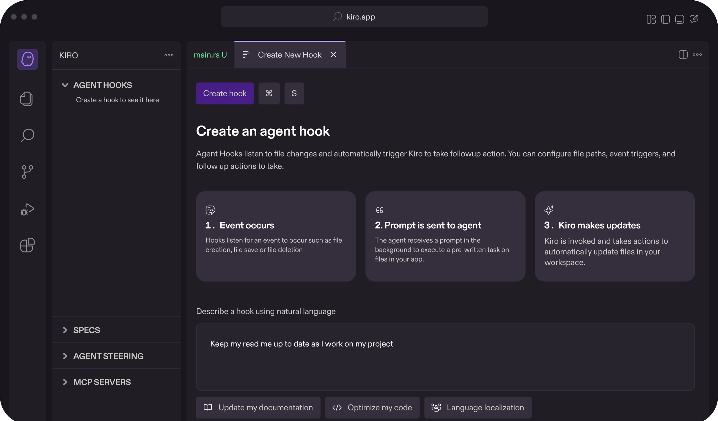 Kiro IDE showing agent hooks creation interface with event-driven automation