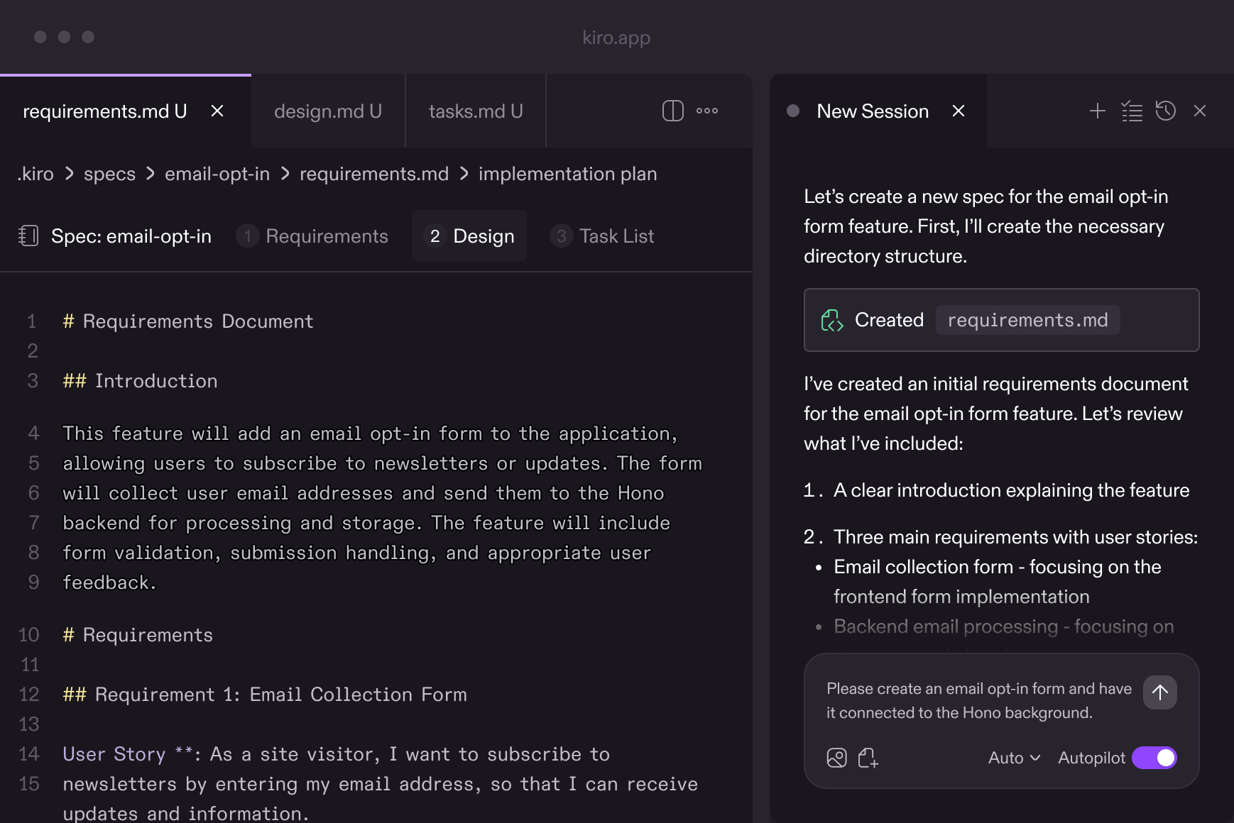 Kiro IDE showing spec-driven development with requirements document and AI session