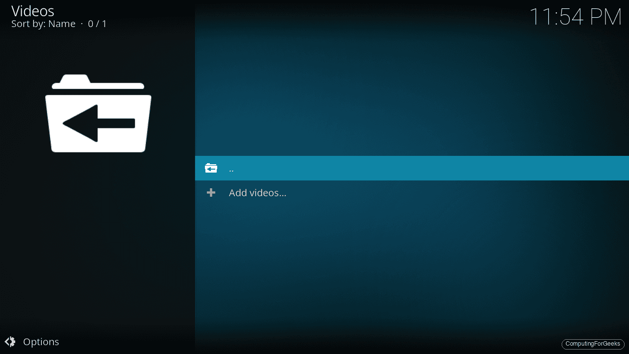 Kodi Videos section on Fedora showing the Add videos option for creating a new media source
