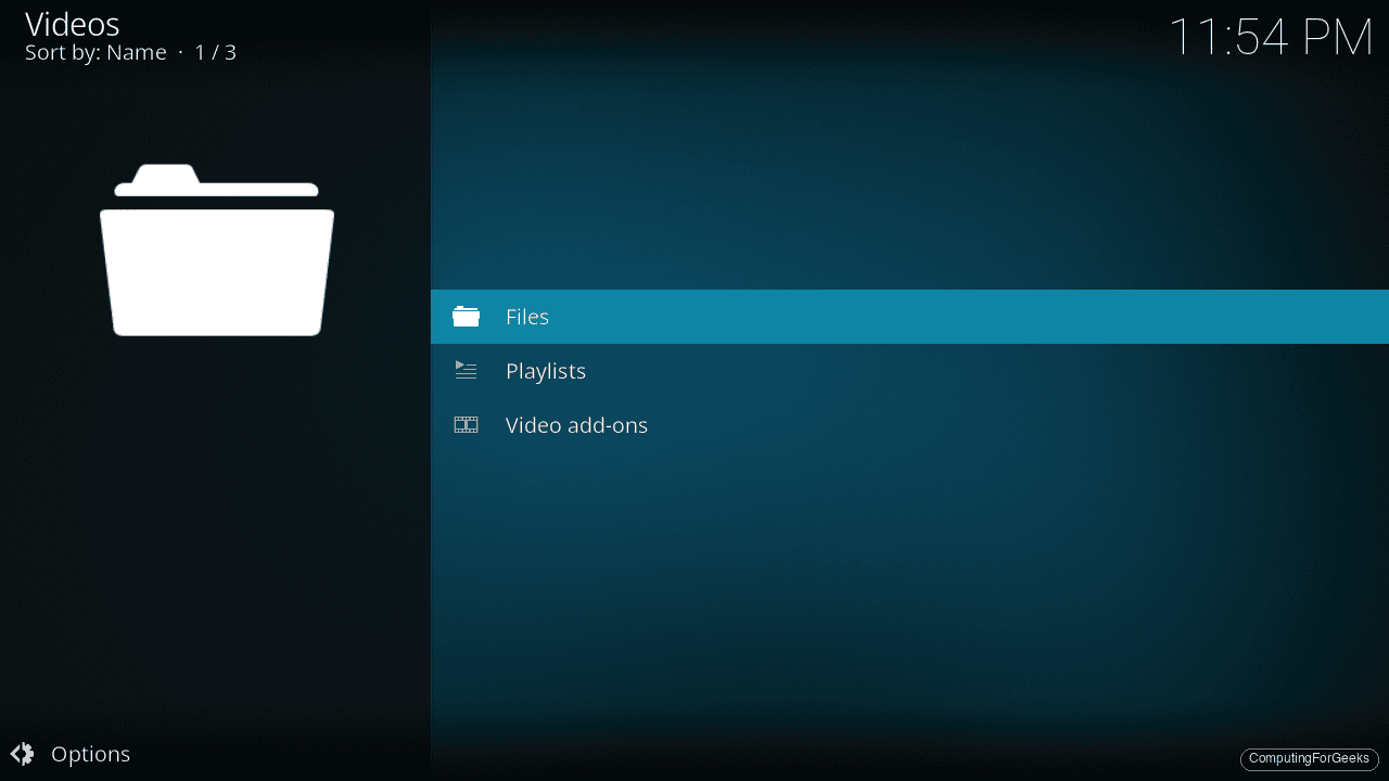 Kodi Videos section on Fedora showing Files Playlists and Video add-ons content types