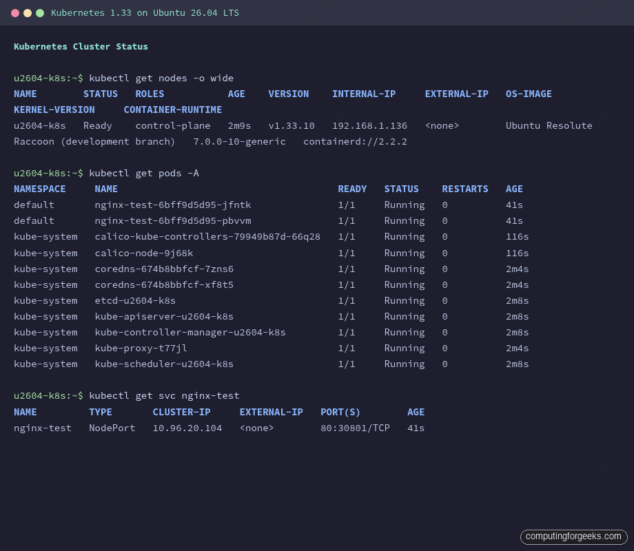 Install Kubernetes (kubeadm) on Ubuntu 26.04 LTS 1 Kubernetes 1.33 cluster nodes and pods running on Ubuntu 26.04 LTS