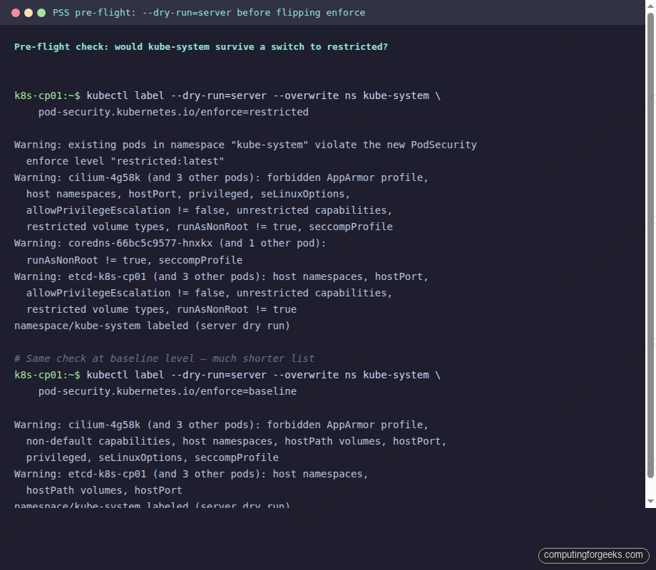 Terminal showing kubectl label dry-run server output listing which kube-system pods would violate restricted and baseline