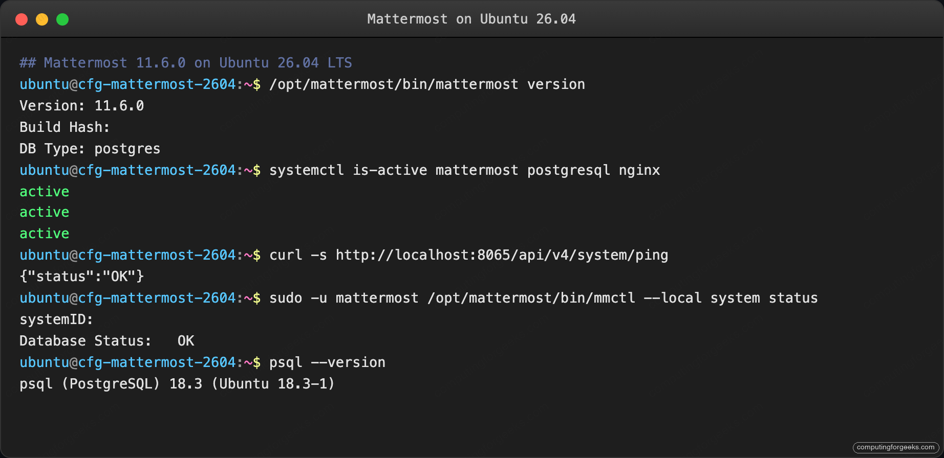 Mattermost mmctl and service status on Ubuntu 26.04