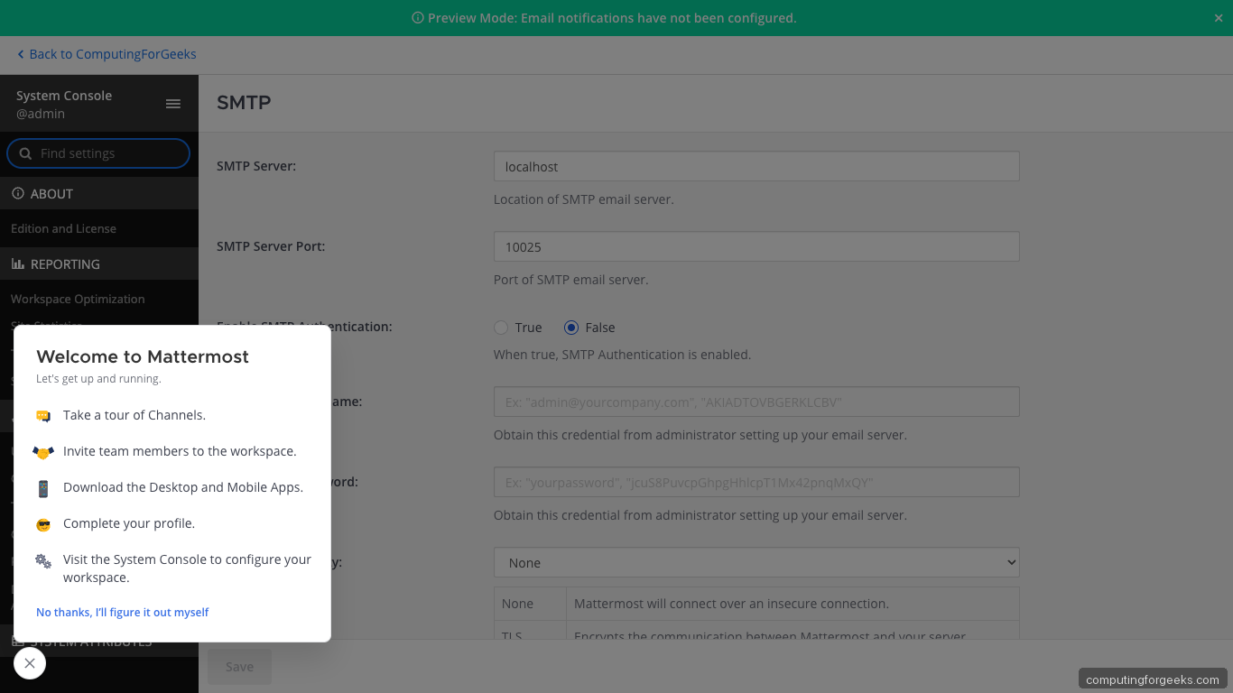 Mattermost System Console SMTP on Ubuntu 26.04